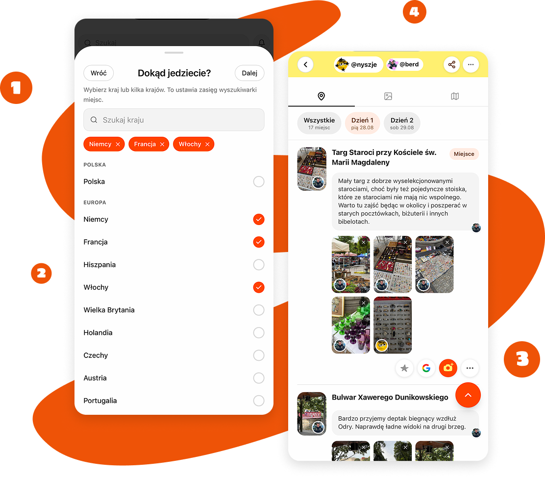 Planowanie wyjazdu i podsumowanie podróży w aplikacji Spontaway